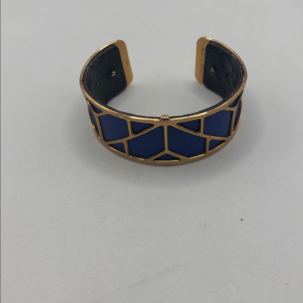 Les Georgettes Solaire gold-finish cuff bracelet Capri blue leather insert Euro - Picture 2 of 8